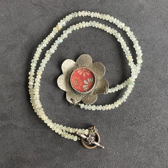 Handmade Floral Pendant Necklace with Silver and Red Accents - Picture 1 of 5